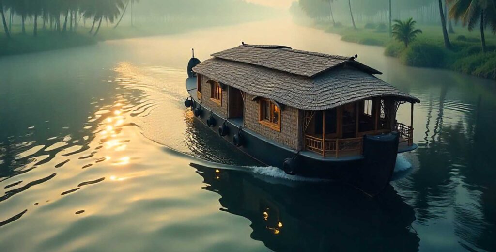 Houseboat crossing open waters with coconut groves around