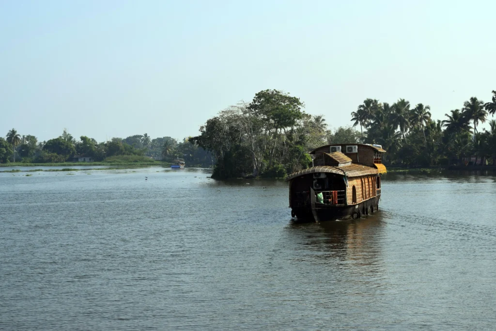 Traditional Kerala houseboat on calm backwaters of Alappuzha