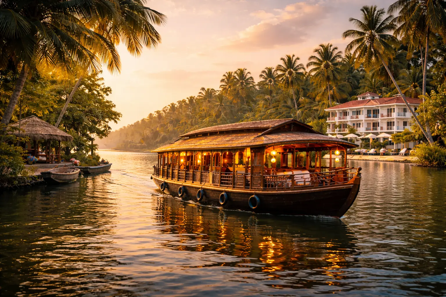 A housboat in alleppy is cruising in the balckwater and a resort in in the background